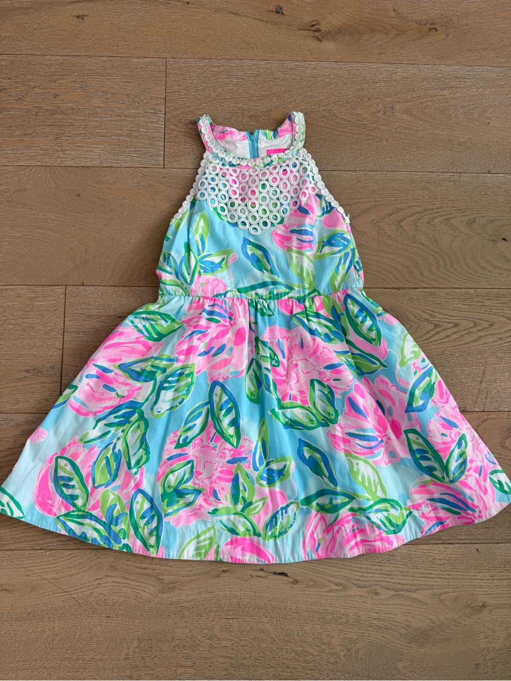 Lilly Pulitzer Pink & Blue Floral Halter Dress with Crochet Neckline Girls sz 10